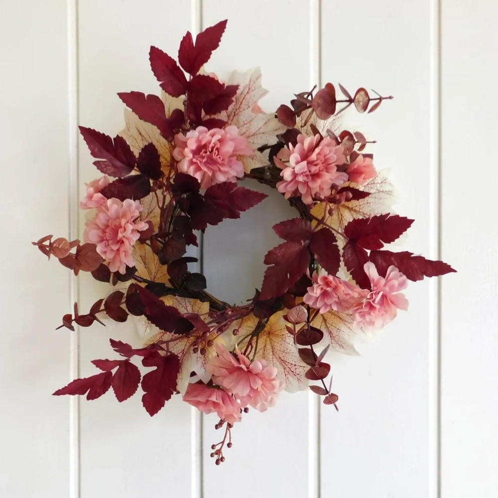 Mini Fall Candle Ring, Grapevine Wreath, Burgundy Leaves, Cabinet Decor Mirror